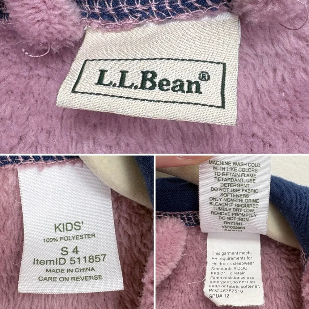 L.L. Bean Big Kids Cozy Hooded Bear Robe Size 4 Plush Purple Pockets Wrap Tie